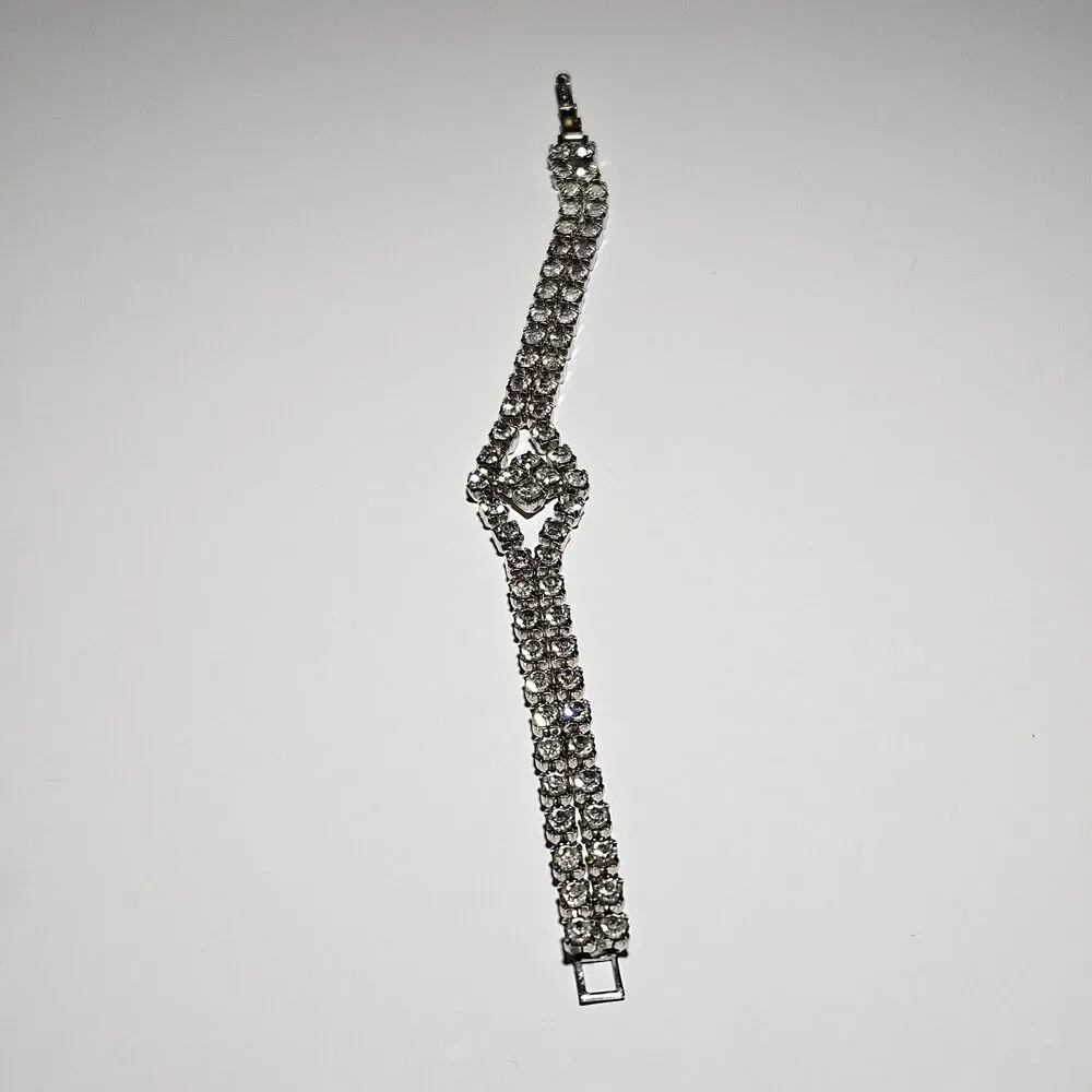 Silver Tone Vintage Clear Rhinestone Bracelet 6.75
